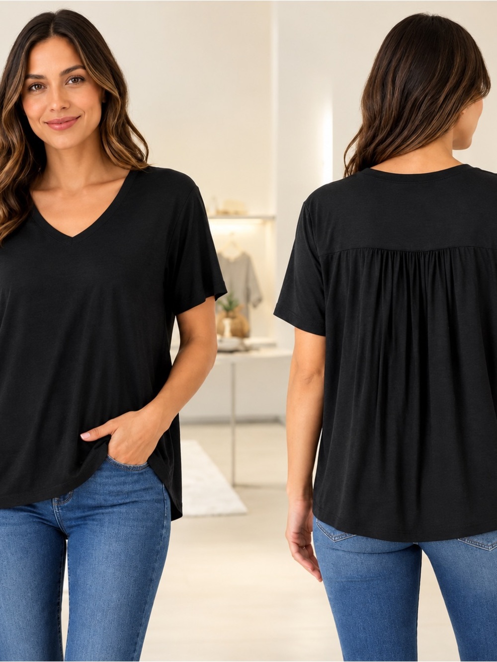 Zenana Outfitters pleated back V-Neck Short Sleeve pocket Top